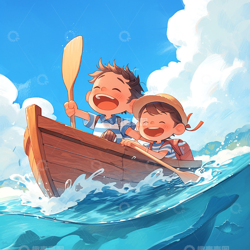 高清大图下载【趣麦麦图】端午节开心的小孩划船