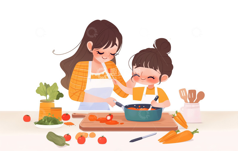 高清大图下载【趣麦麦图】帮助妈妈做家务母亲节插画素材