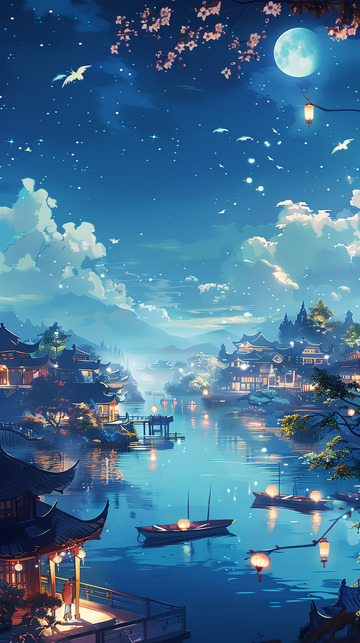 手绘夜空海域大海小岛夏天