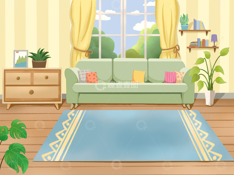 室内客厅一角沙发窗外手绘场景