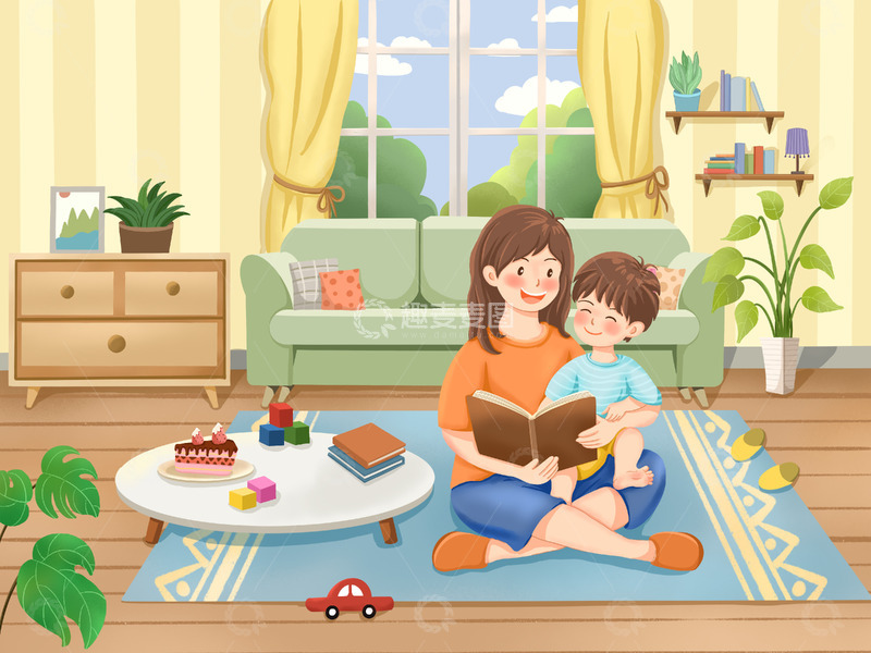 源文件下载【趣麦麦图】母亲节阅读亲子手绘室内场景