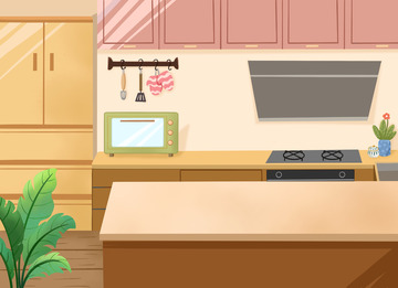 厨房一角手绘烤箱橱柜冰箱