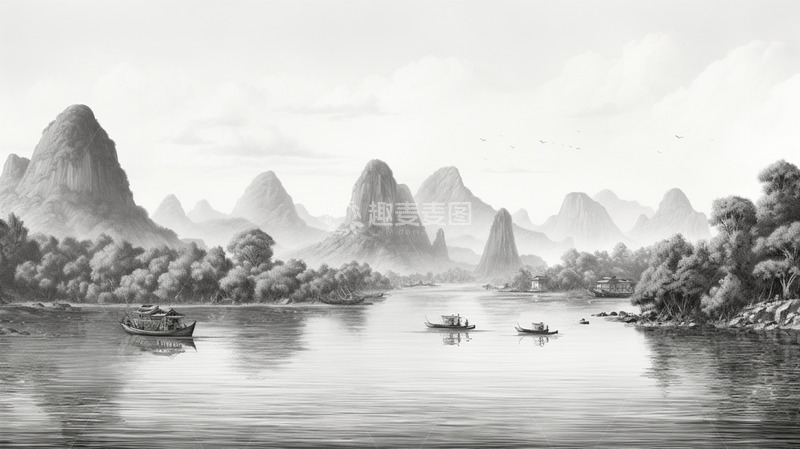 高清大图下载【趣麦麦图】水墨黑白中国风山水写意场景