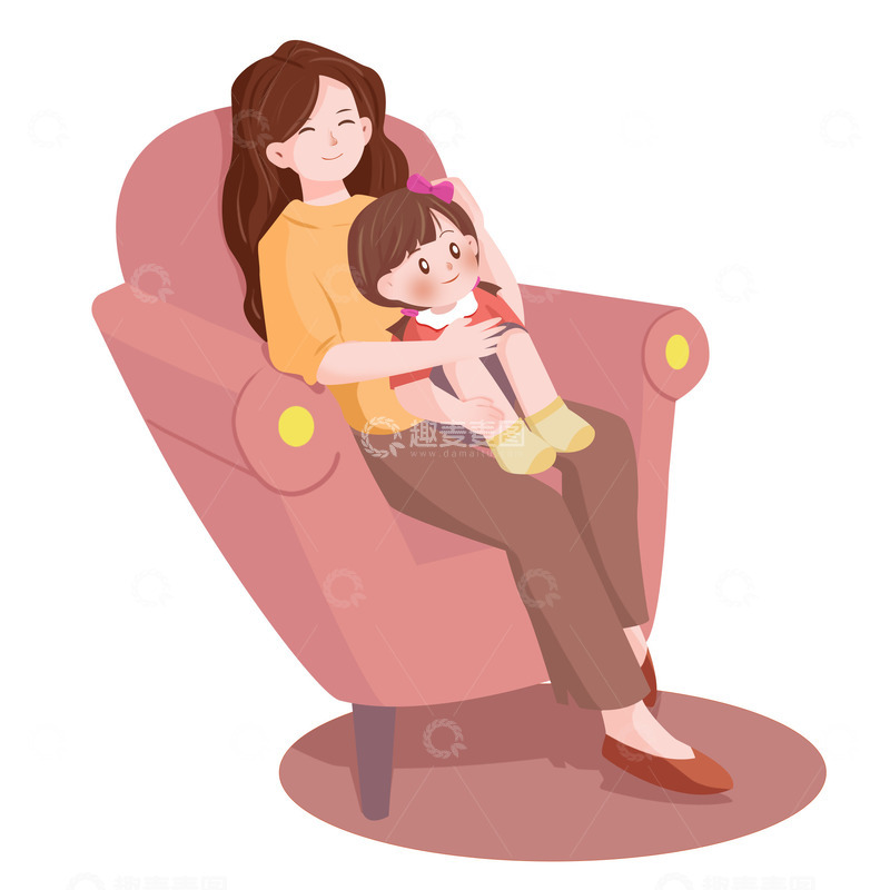 源文件下载【趣麦麦图】母女坐沙发场景插画