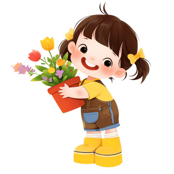抱着花盆的可爱卡通小女孩