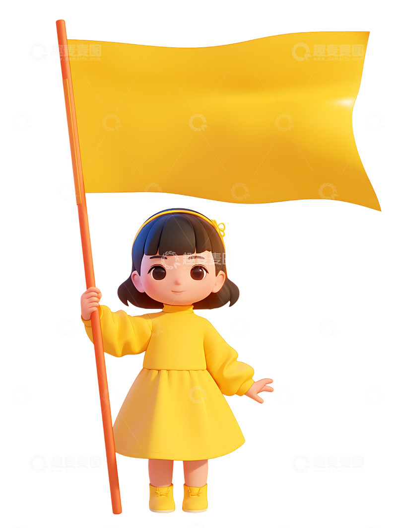 高清大图下载【趣麦麦图】女孩举着黄色的大旗旗帜
