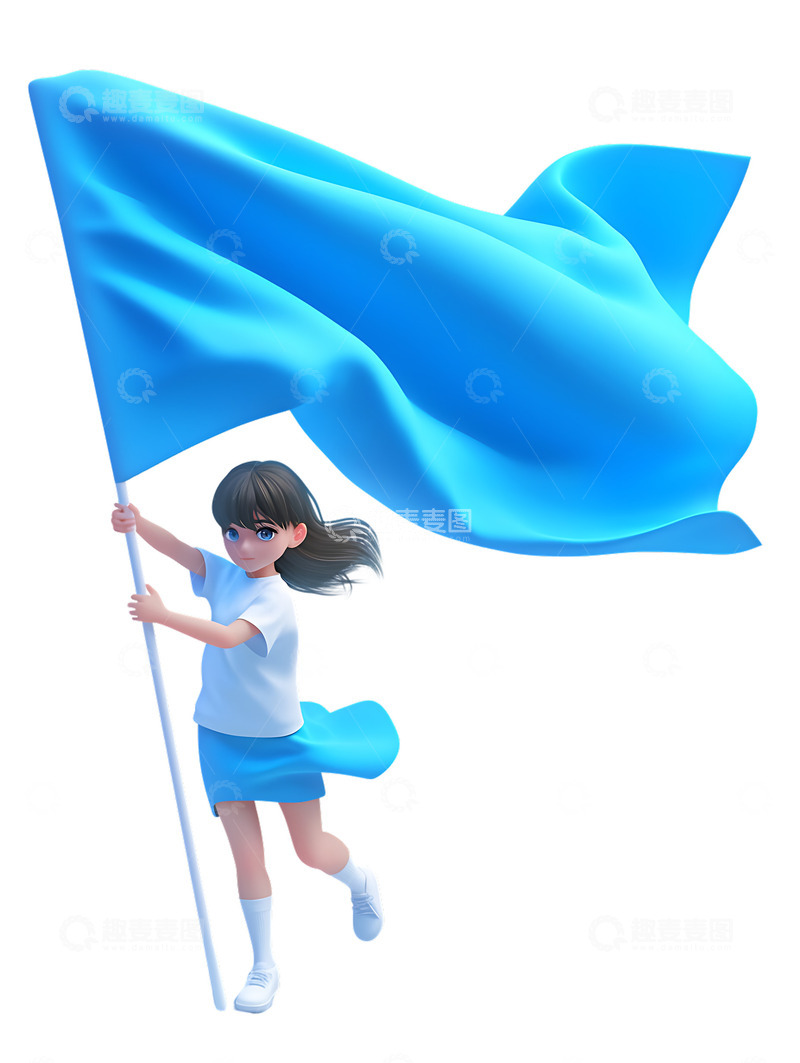 高清大图下载【趣麦麦图】女孩举着蓝色的大旗