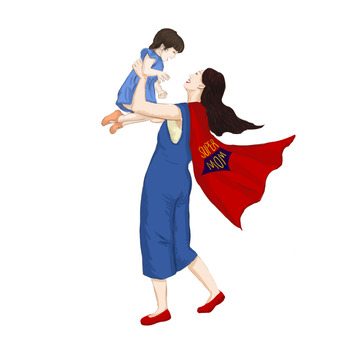手绘漫画母亲节超人妈妈母爱举高高女宝宝