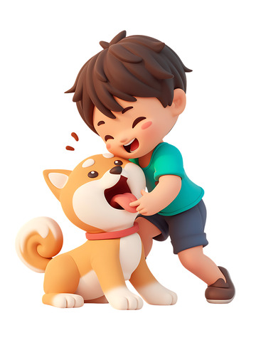 和宠物狗狗一起玩的小男孩