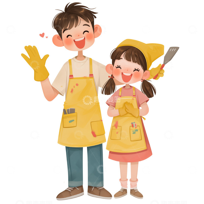 高清大图下载【趣麦麦图】一起做家务的卡通情侣人物素材