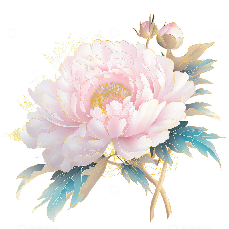 高清大图下载【趣麦麦图】国潮金色描边手绘牡丹插画素材
