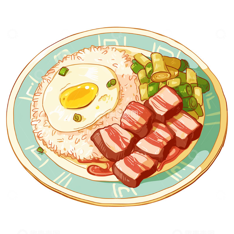 高清大图下载【趣麦麦图】红烧肉盖饭手绘插画素材