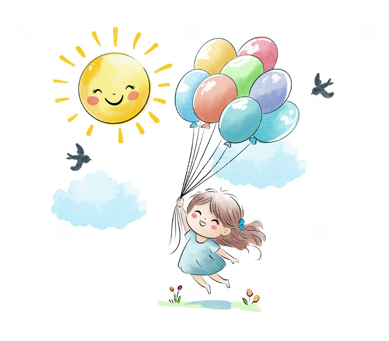 源文件下载【趣麦麦图】儿童节牵着气球起飞的女孩卡通太阳手绘插画
