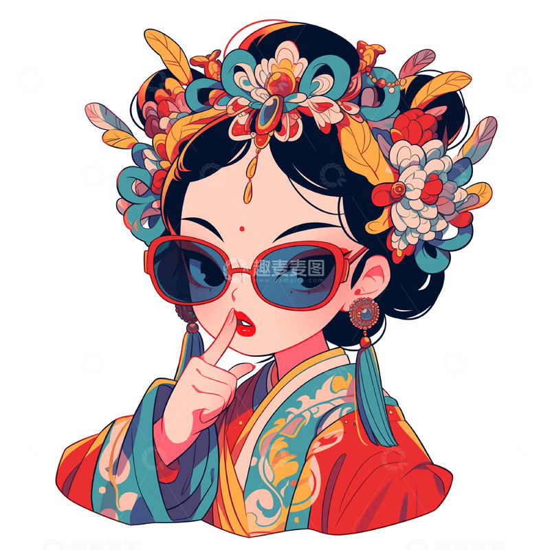 高清大图下载【趣麦麦图】国潮墨镜美女人物素材