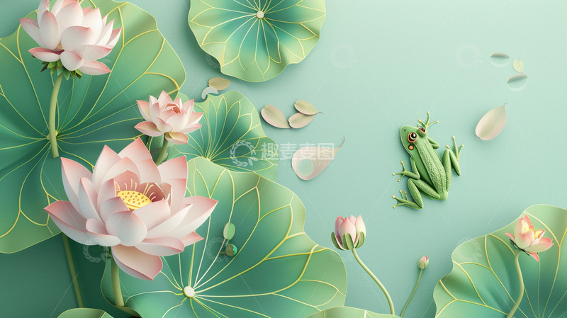 高清大图下载【趣麦麦图】荷花青蛙文艺背景