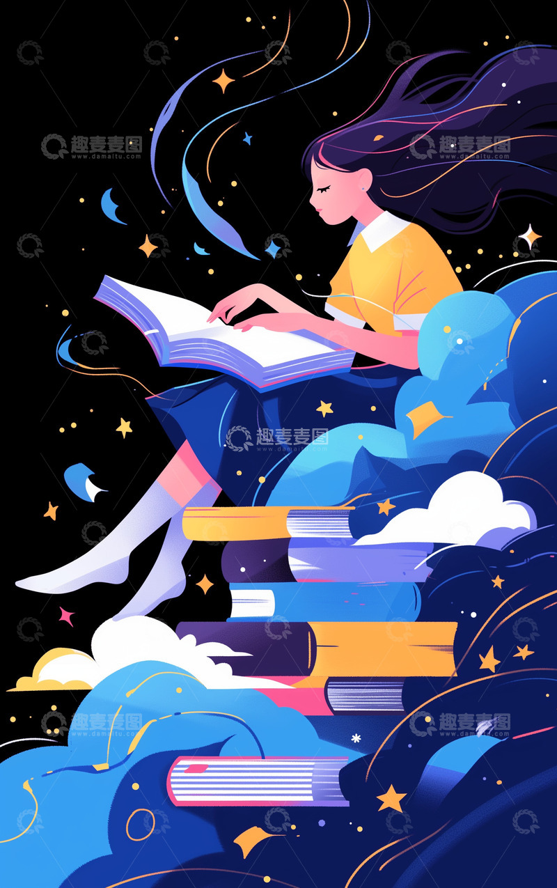 读书星空插画女孩子