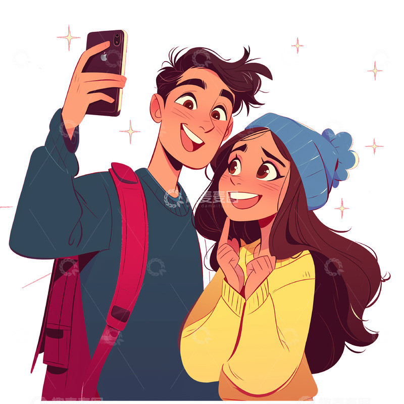 高清大图下载【趣麦麦图】卡通情侣自拍人物素材