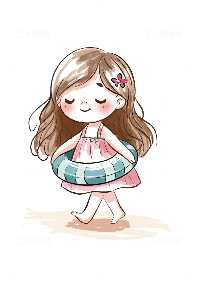 游泳的小女孩夏天暑假手绘儿童插画