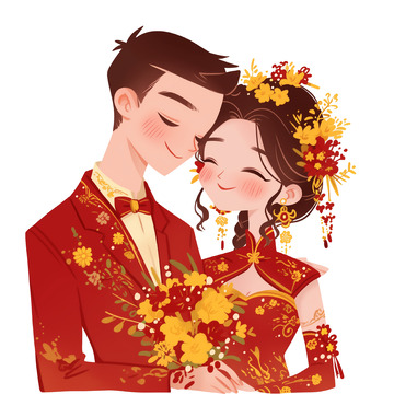 浪漫中式婚礼卡通人物素材
