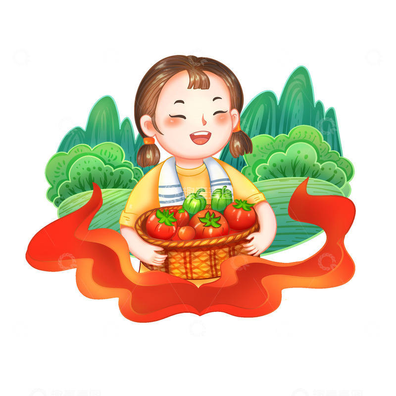 源文件下载【趣麦麦图】丰收节女孩抱一篮子蔬菜水果山水田园元素