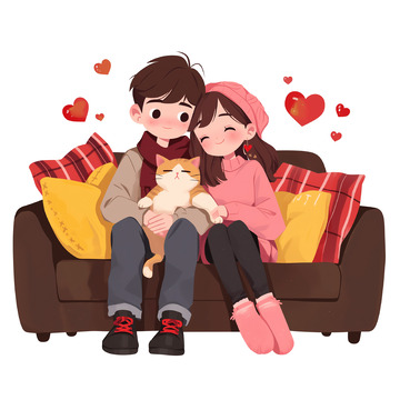 抱着猫咪的卡通情侣素材