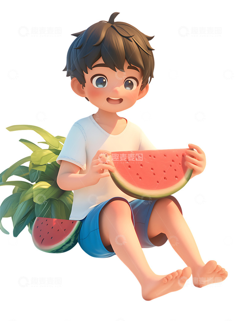 高清大图下载【趣麦麦图】夏季吃西瓜的小男孩3D