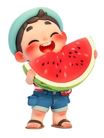 小男孩吃西瓜开心