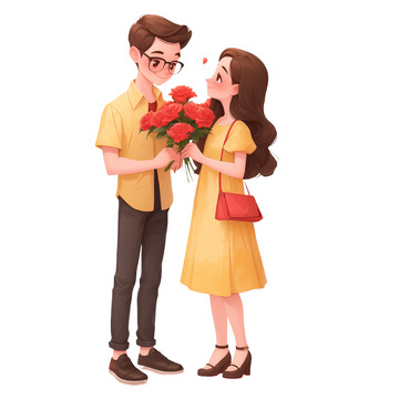 情侣甜蜜约会玫瑰花束卡通人物