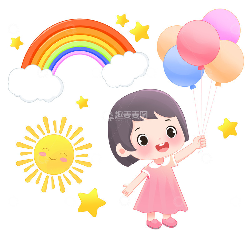 儿童节彩虹小女孩气球云朵装饰元素