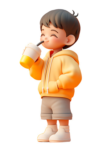 喝果汁喝奶茶喝咖啡的小男孩