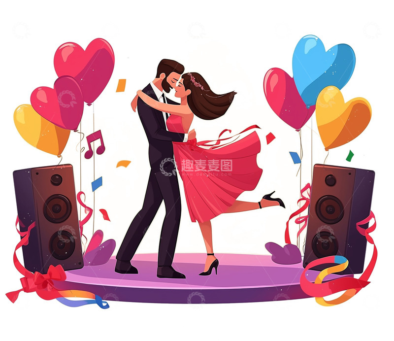 高清大图下载【趣麦麦图】卡通情侣相拥舞蹈场景素材