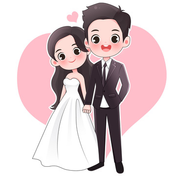 手绘Q版婚礼新郎新娘结婚人物元素