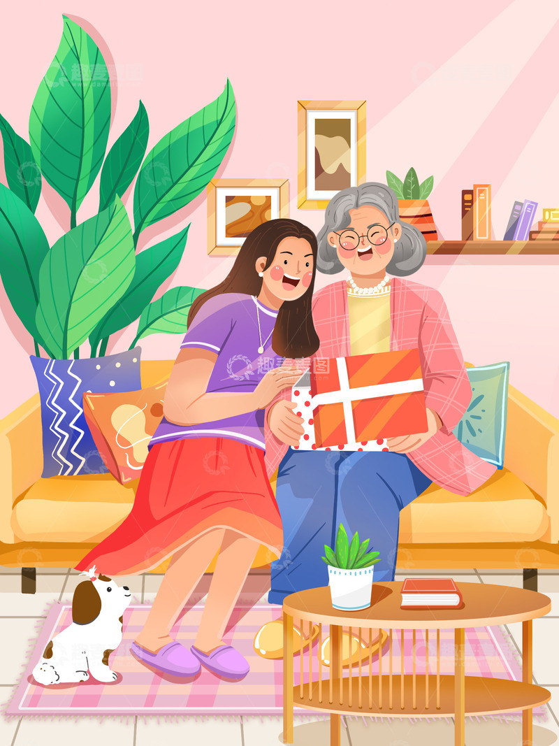 源文件下载【趣麦麦图】母亲节送礼物插画