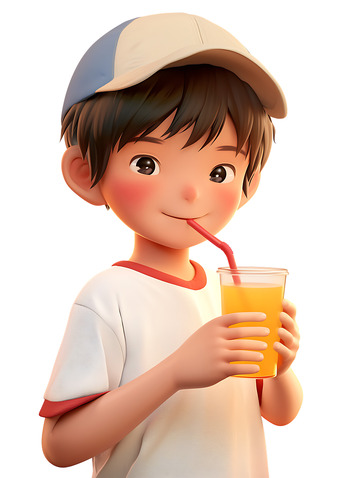 喝橙汁的小男孩