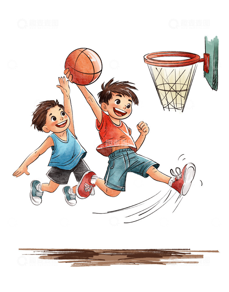 源文件下载【趣麦麦图】打篮球扣篮的体育运动员男孩儿童插画