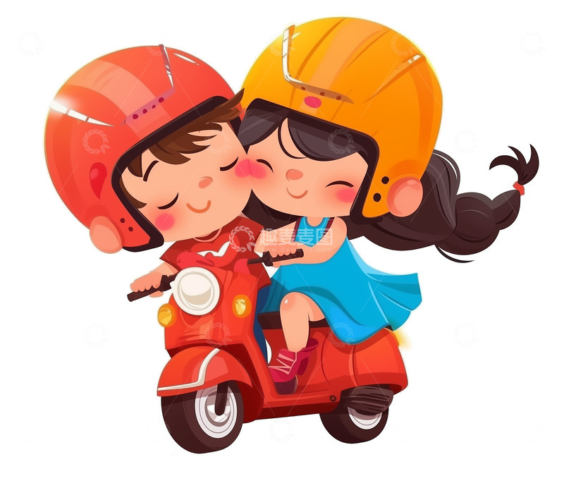 高清大图下载【趣麦麦图】骑摩托的可爱卡通情侣素材