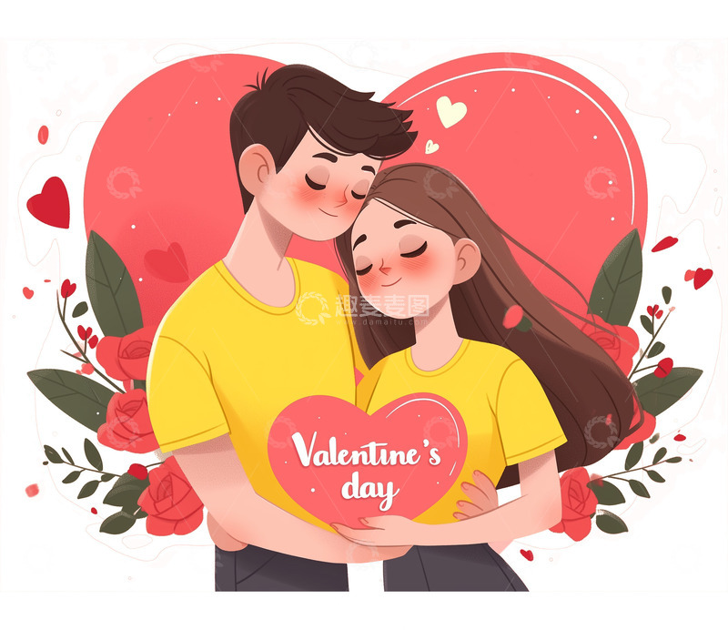 高清大图下载【趣麦麦图】卡通情侣爱心情人节人物插画