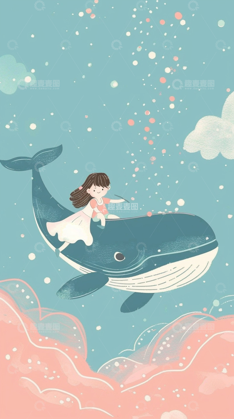 高清大图下载【趣麦麦图】坐在鲸鱼上的女孩