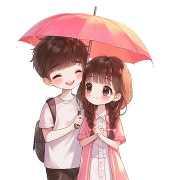 雨中打伞亲蜜情侣卡通人物素材
