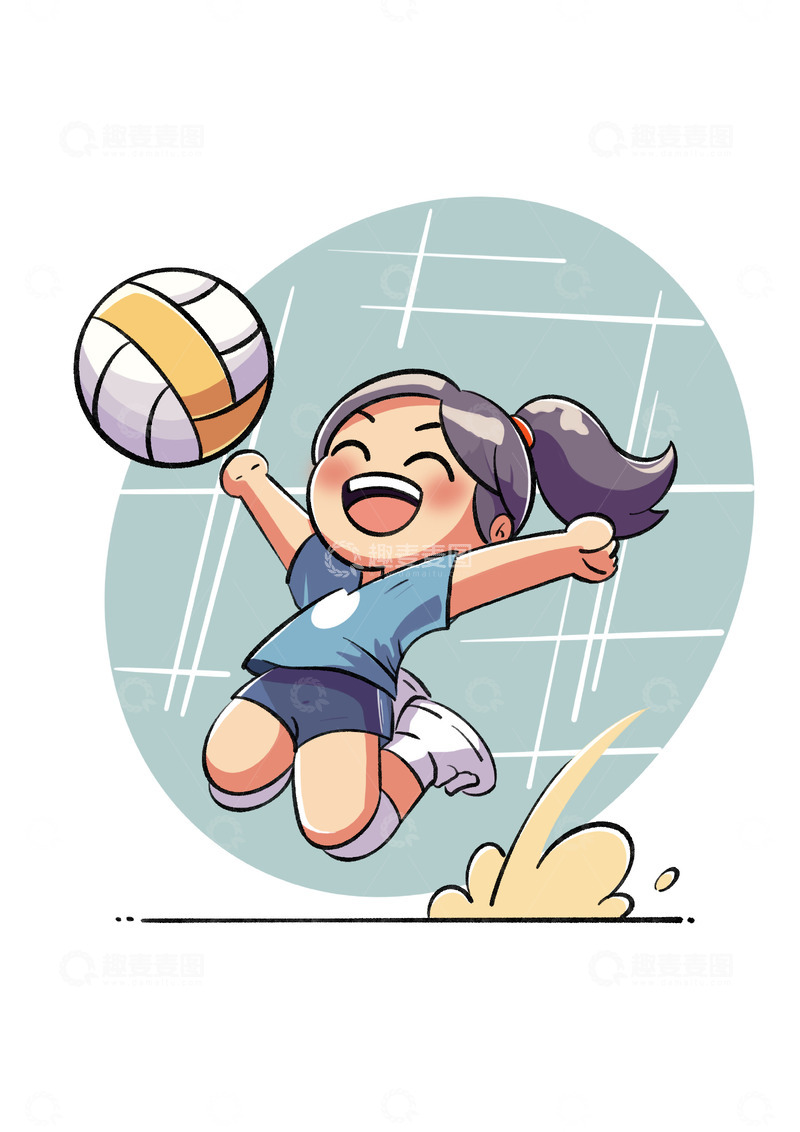 源文件下载【趣麦麦图】打排球的体育女运动员卡通手绘插画