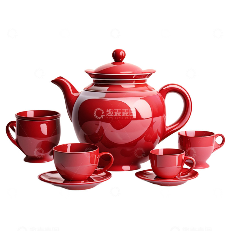 高清大图下载【趣麦麦图】3D立体真实红色喜庆茶具