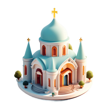 3D卡通真实淡蓝色城堡教堂
