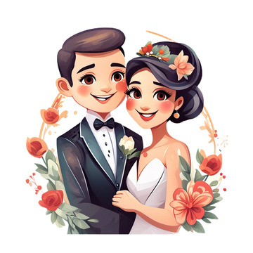 手绘卡通彩铅婚礼唯美夫妻