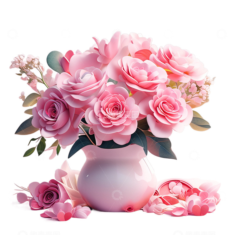 高清大图下载【趣麦麦图】3D立体粉色瓷瓶玫瑰花情人节