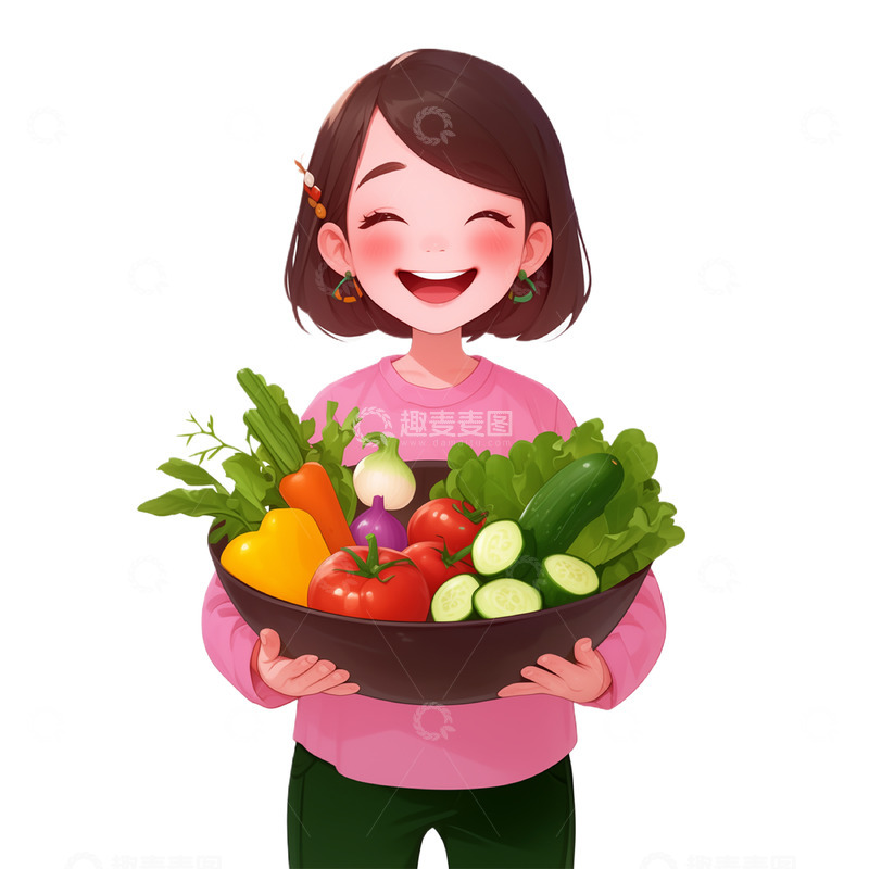 高清大图下载【趣麦麦图】手端蔬菜盆的卡通人物素材
