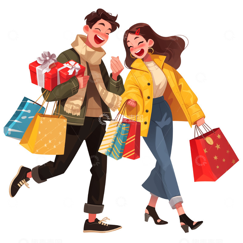 高清大图下载【趣麦麦图】卡通情侣逛街购物人物素材