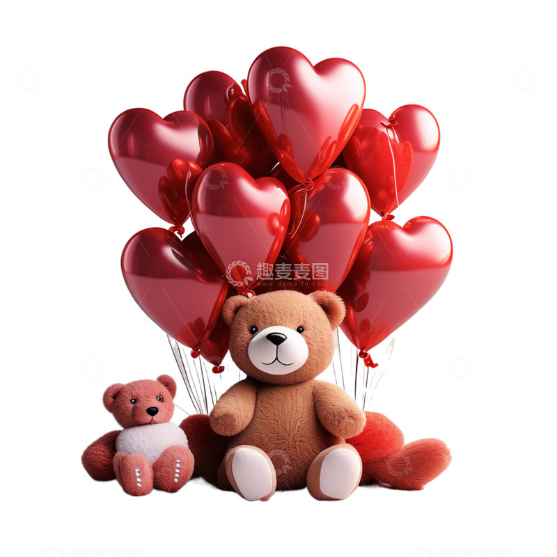 高清大图下载【趣麦麦图】3D立体真实红色喜庆爱心气球小熊