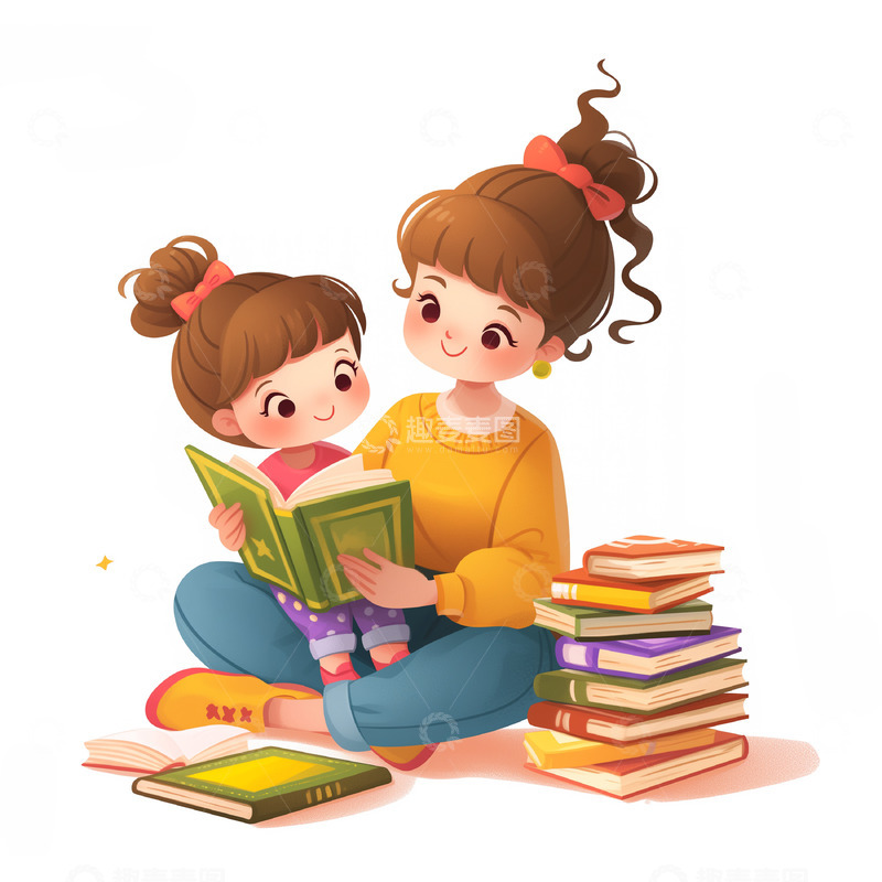 高清大图下载【趣麦麦图】和妈妈一起看书卡通人物素材