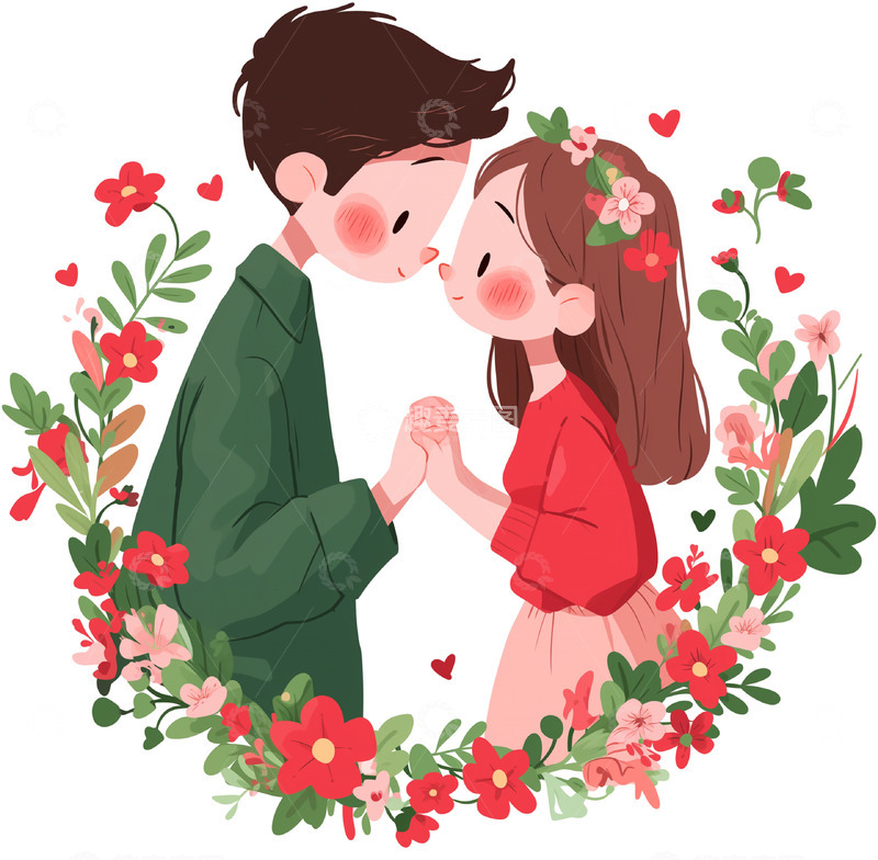 高清大图下载【趣麦麦图】卡通鲜花半身情侣人物素材