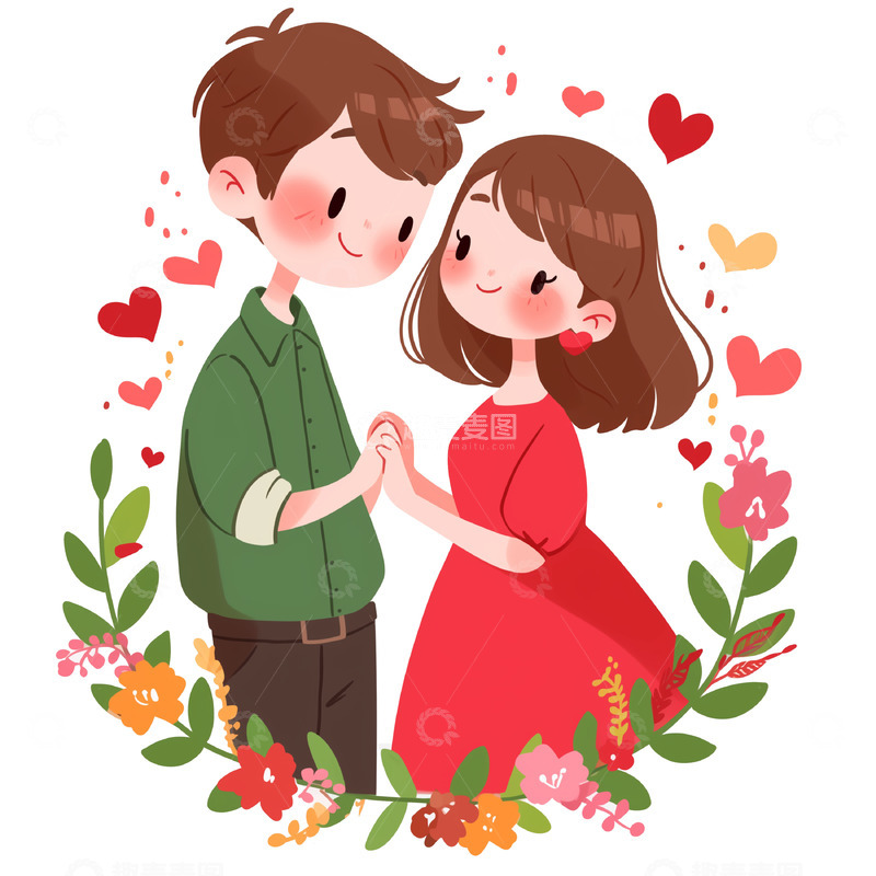 高清大图下载【趣麦麦图】卡通花丛中的牵手情侣人物素材